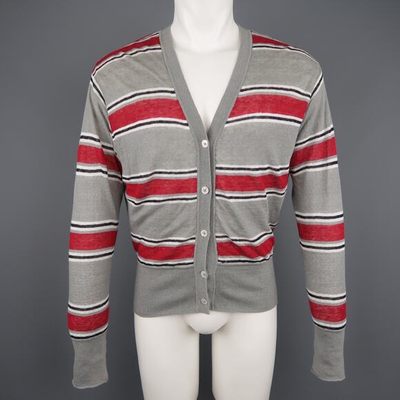 BLACK FLEECE Size S Gray & Stripe Cotton  White Mesh Reversible Cardigan - Picture 1 of 1